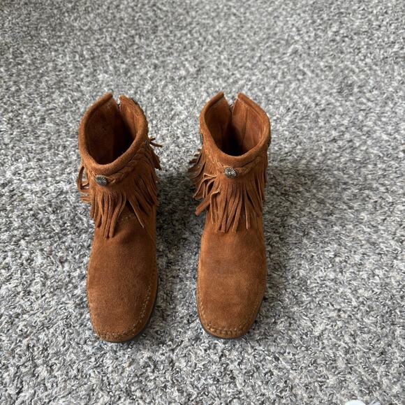 Minnetonka Ankle Boots 5.5 Brown Leather Moccasin Fringe Braided Hi Top Boho - Picture 4 of 8